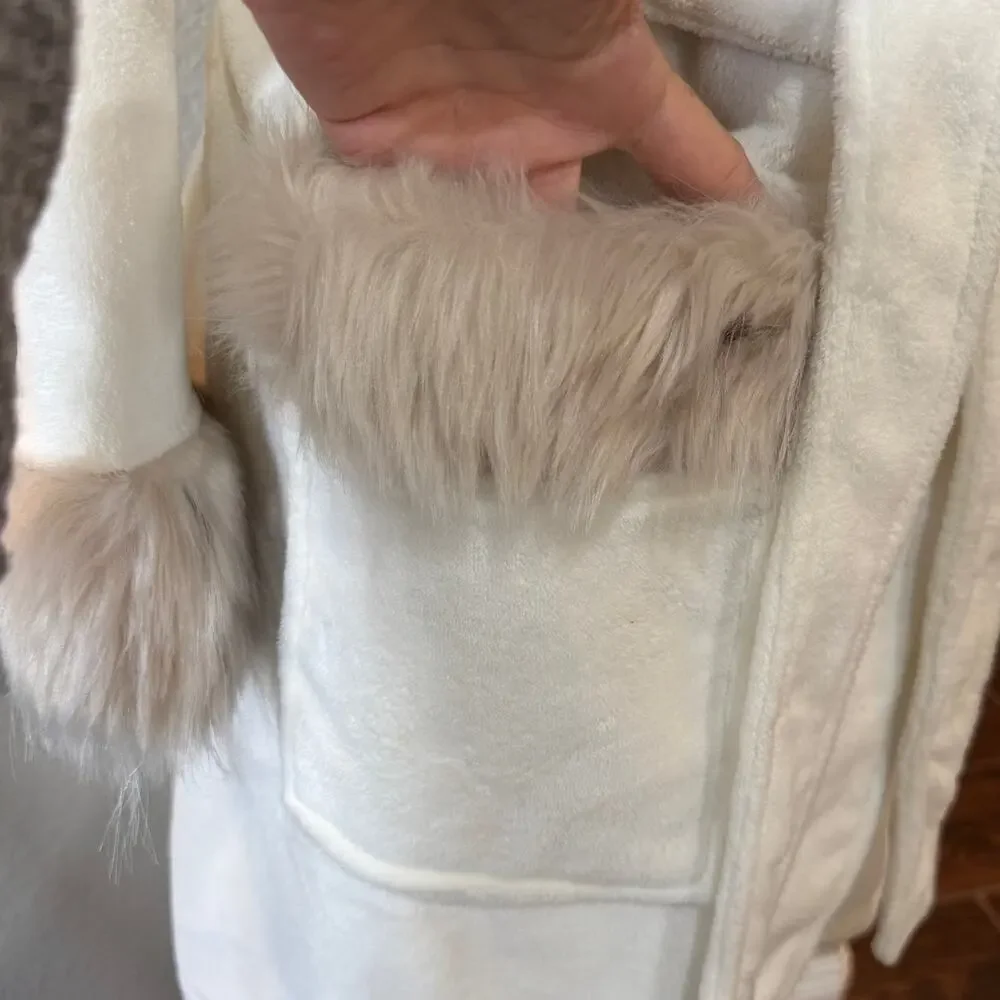 Pottery Barn PB Teen Faux Animal Fur Trim Hooded Robe Ombre Ivory Belt Tie EUC